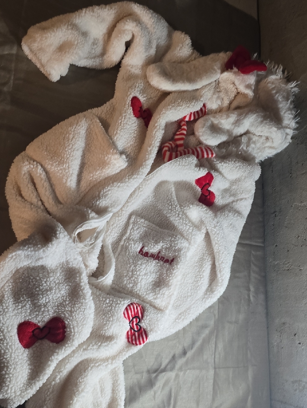 White Fuzzy Hooded Bathrobe with Red Heart Accents